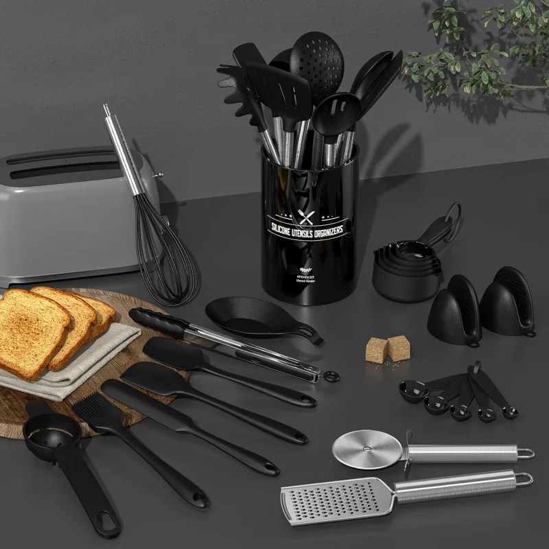 43 pcs Heat Resistant Kitchen Utensils, Black Kitchen Gadgets Set with Stainless Steel Handles Non-Stick Cookware