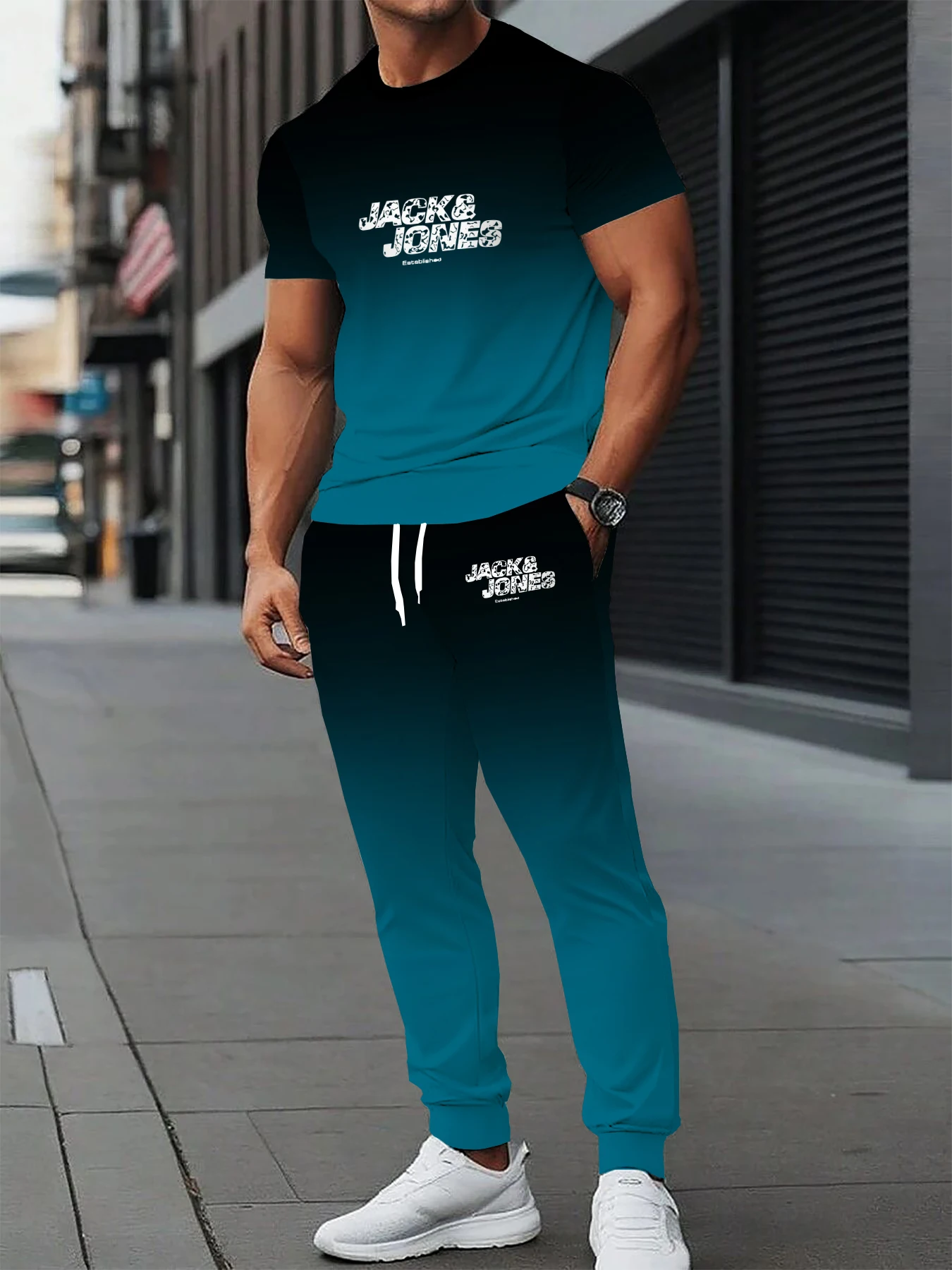 

Summer men's casual two-piece round neck gradient knitted short sleeved T-shirt and drawstring pants outdoor men's clothing