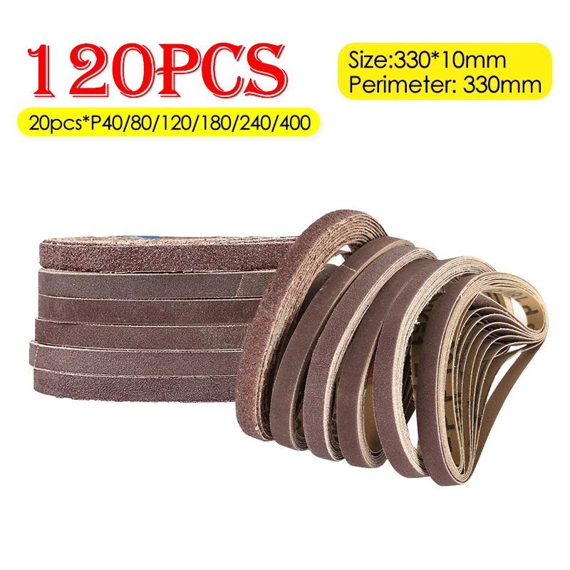 

120 шт. абразивных лент 330x10 мм P40/80/120/180/240/400 для пневматических ленточных шлифмашин и угловых шлифмашин, полировальные ленты