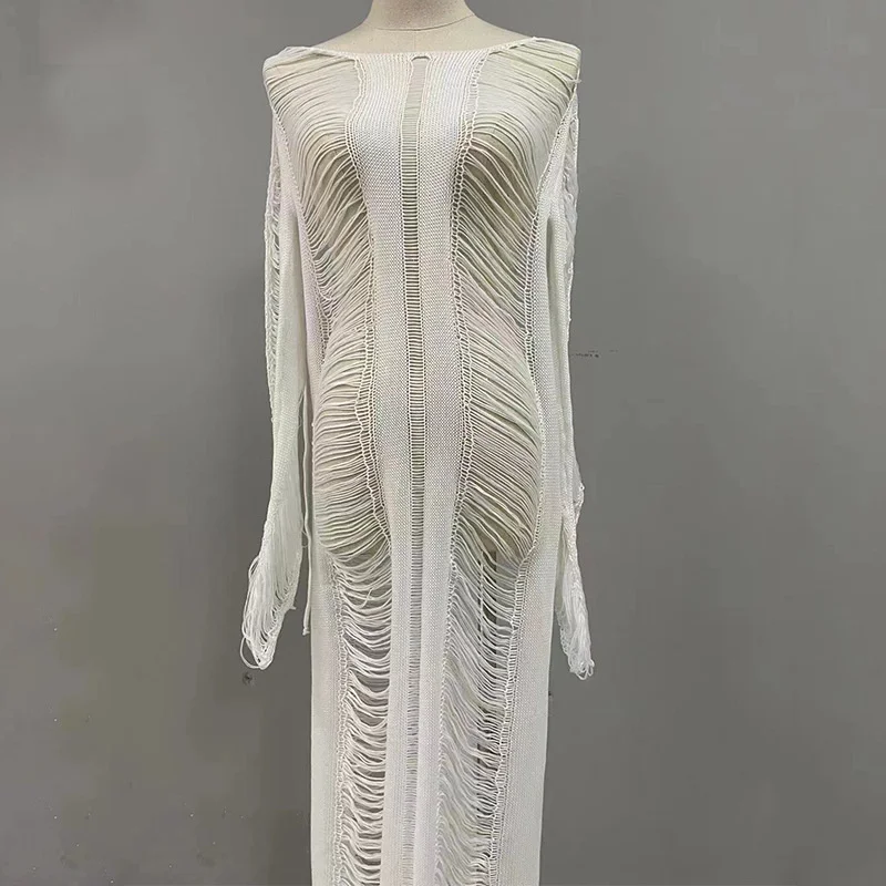 Vestido de punto con espalda descubierta para mujer, traje de baño Sexy de ganchillo, manga larga, transparente