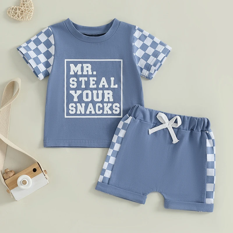 

Летние комплекты шорт для маленьких мальчиков от 1 до 5 лет, топы с короткими рукавами и круглым вырезом с буквенным принтом в шахматном порядке + комплекты шорт