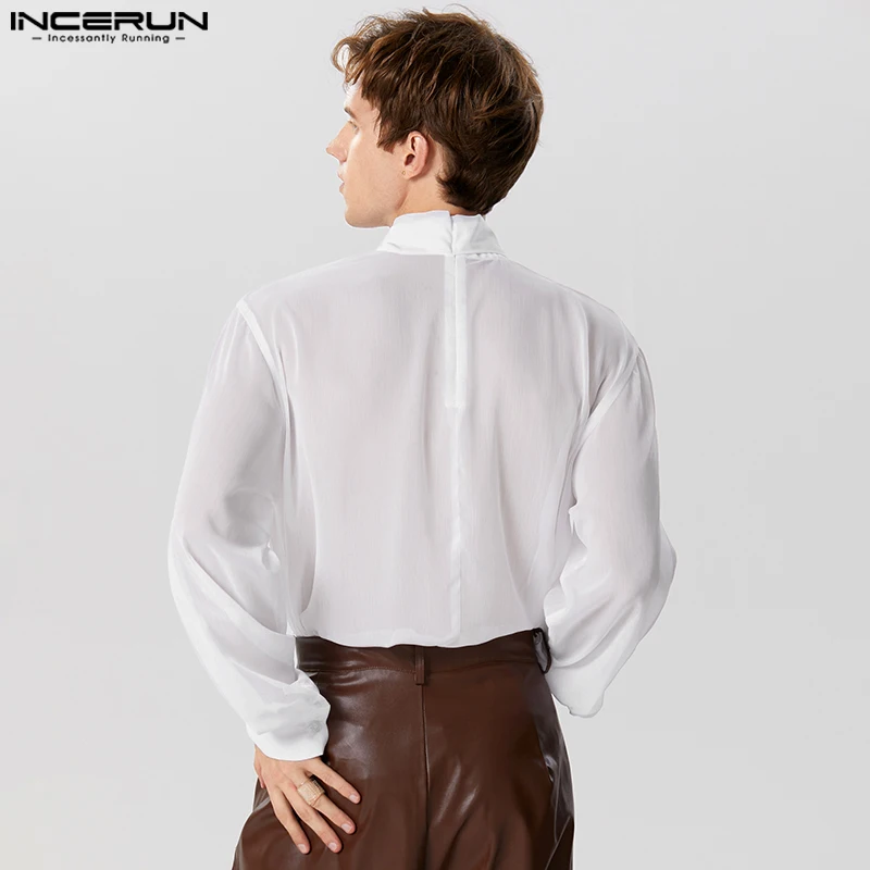 2023 Men Shirt Stand Collar Long Sleeve Solid Color Lace Up Men Clothing Streetwear See Through Fashion Camisas S-5XL INCERUN