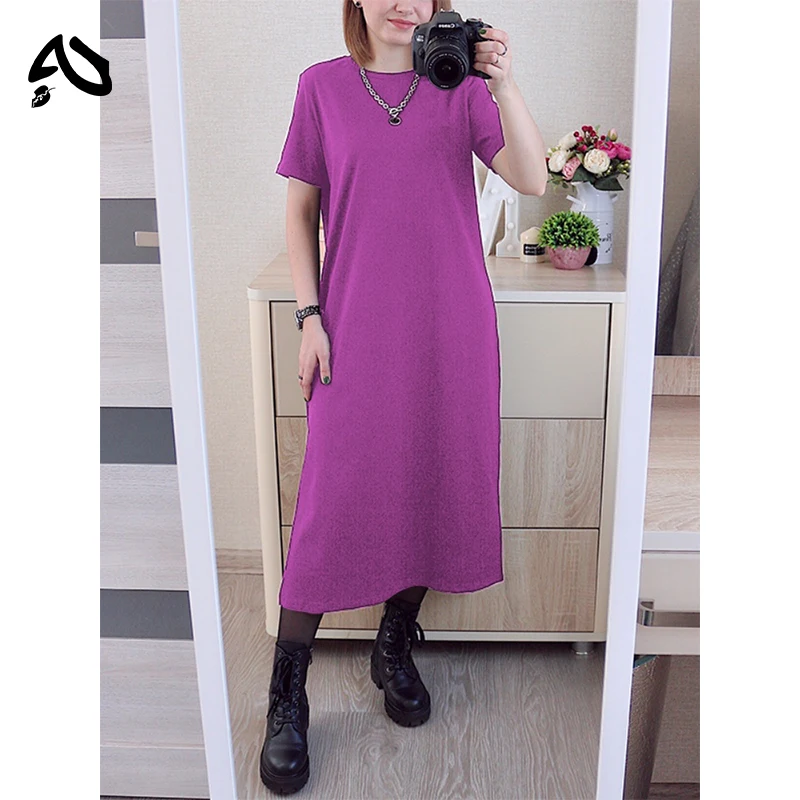 Original Baumwollkleid für Damen, Sommermode, locker geschnitten, lässiges T-Shirt-Kleid mit tiefem Schlitz, einfarbiges O-Neck T-Shirt-Kleid, Streetwear