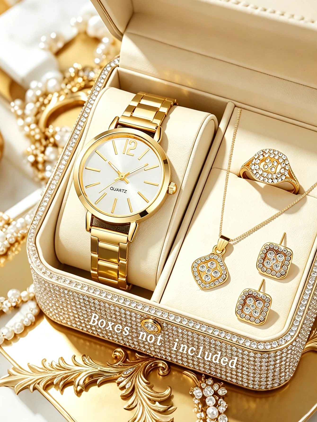 5pcs fashionable, elegant, simple temperament women's quartz watch set with round dial and exquisite jewelry set