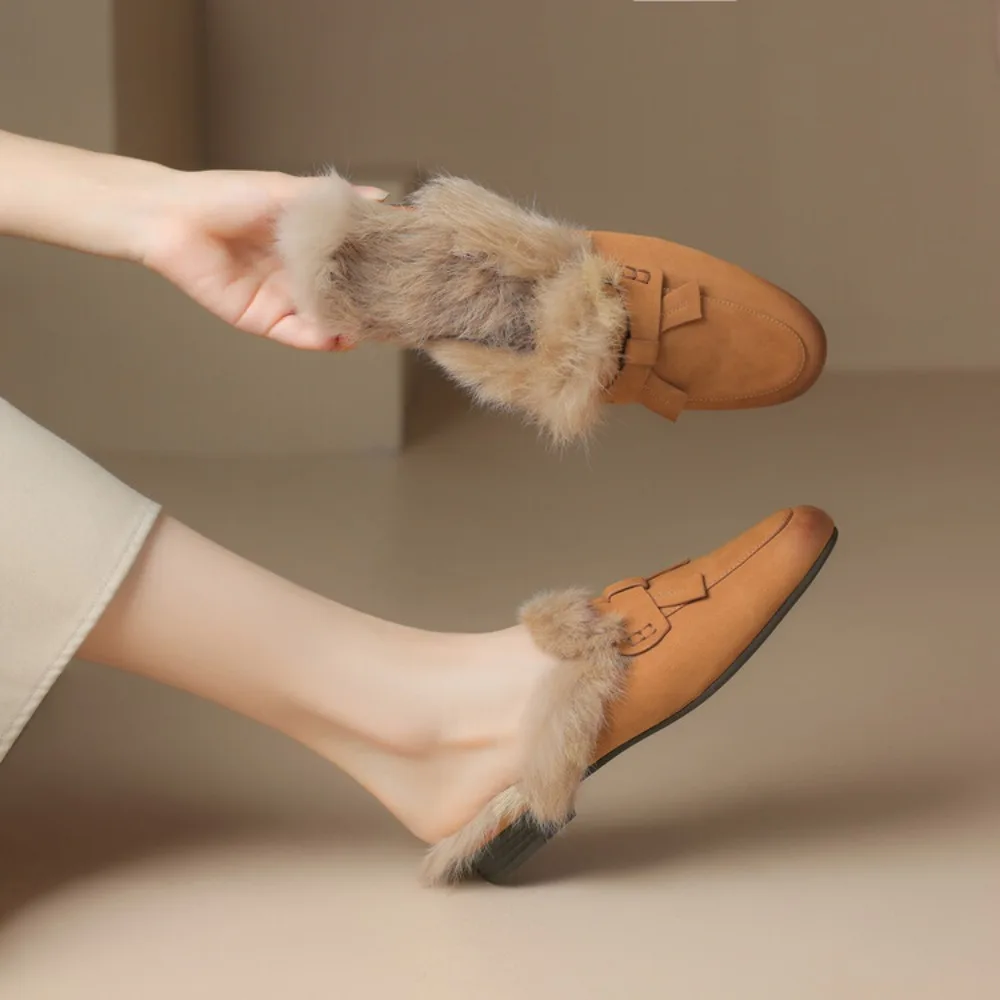 Women Genuine Leather Fur Flat Mules Slipper Fashion Solid Color Closed Toe Plush Slippers Casual Outdoor Furry Warm Slides