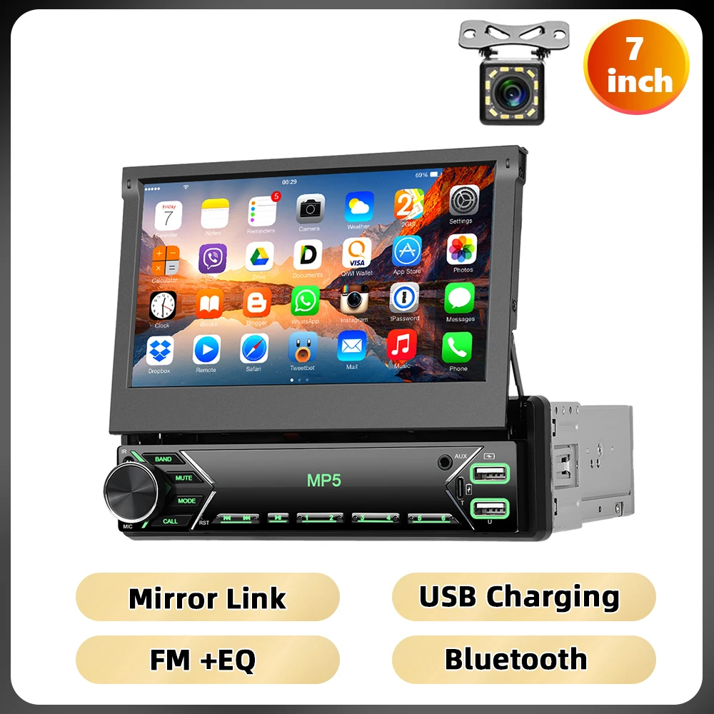 Podofo 7 ''Handmatige Intrekbare Scherm Autoradio 1din Mp5 Speler Bluetooth Fm Mirrorlink Aux Audio Usb & Type-C Poort Autoradio