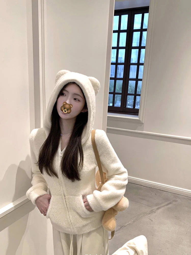 Cute Bear Ear Hooded Warm Plush Jacket for Women Autumn Winter Slim Fit Thick Outerwear Woman Casual Solid Zipper Sweatshirt