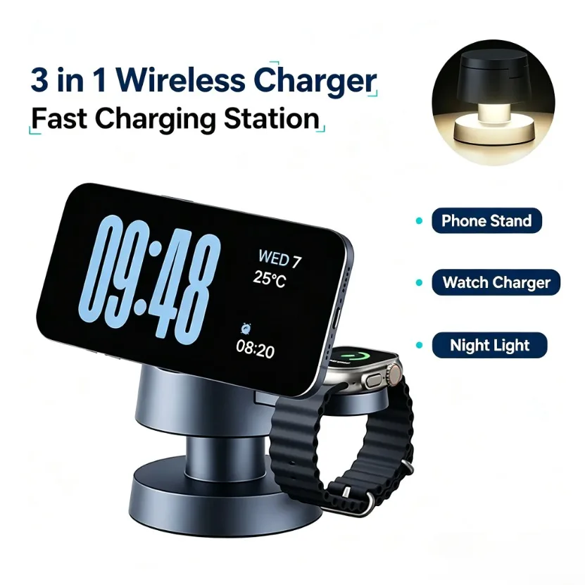 マグネット式ワイヤレス充電スタンド、iphone-17-pro-max-16-15-14-13-12、iwatch、airpods対応、高速磁気充電器、旅行用充電ドック