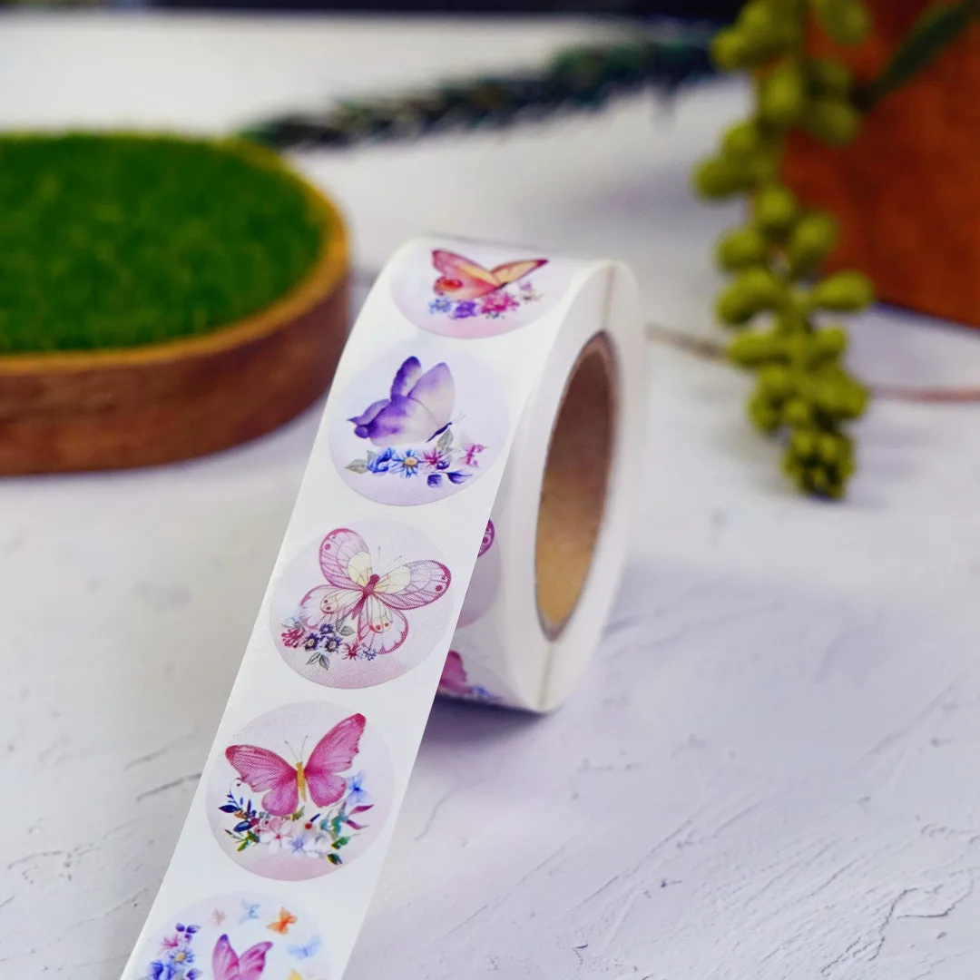 500Pcs Roll Round Multicolor Butterfly Stickers Cute Envelope Sealing Labels for Gifts Notebooks Kettles Phone Cases