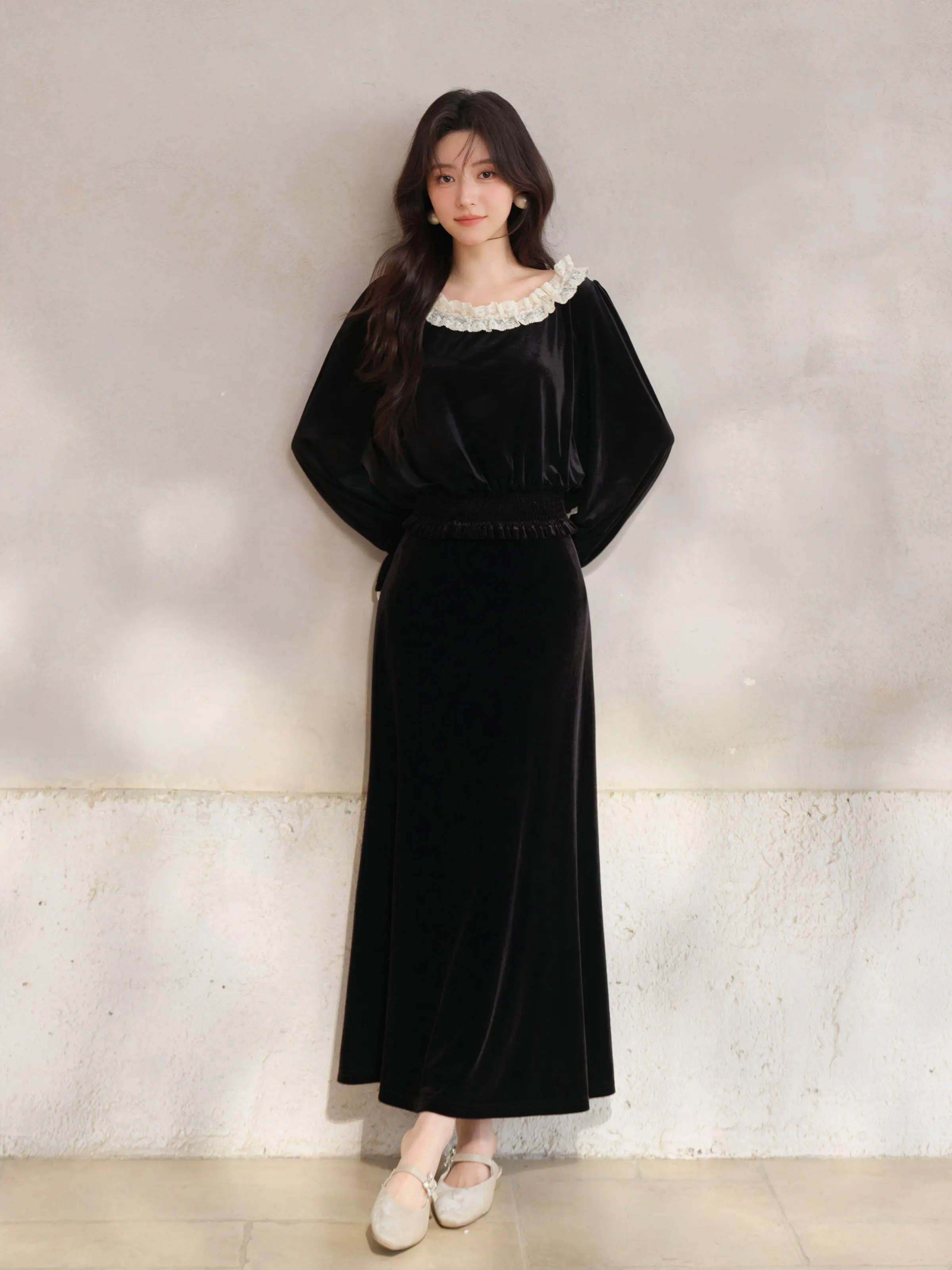 Retro Lace Trim Velvet Shirt and Midi Skirt Set for Women Lady Elegant Two Piece Outfit Spring Casual Chic Layered Look Style