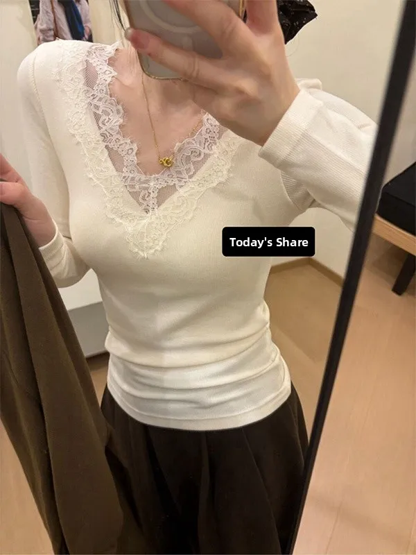 Pure Desire Spitzenbesatz Brustpolster V-Ne Long Sve Strickpullover Damen Winter Slim Fit Base Giic Gut aussehendes Top