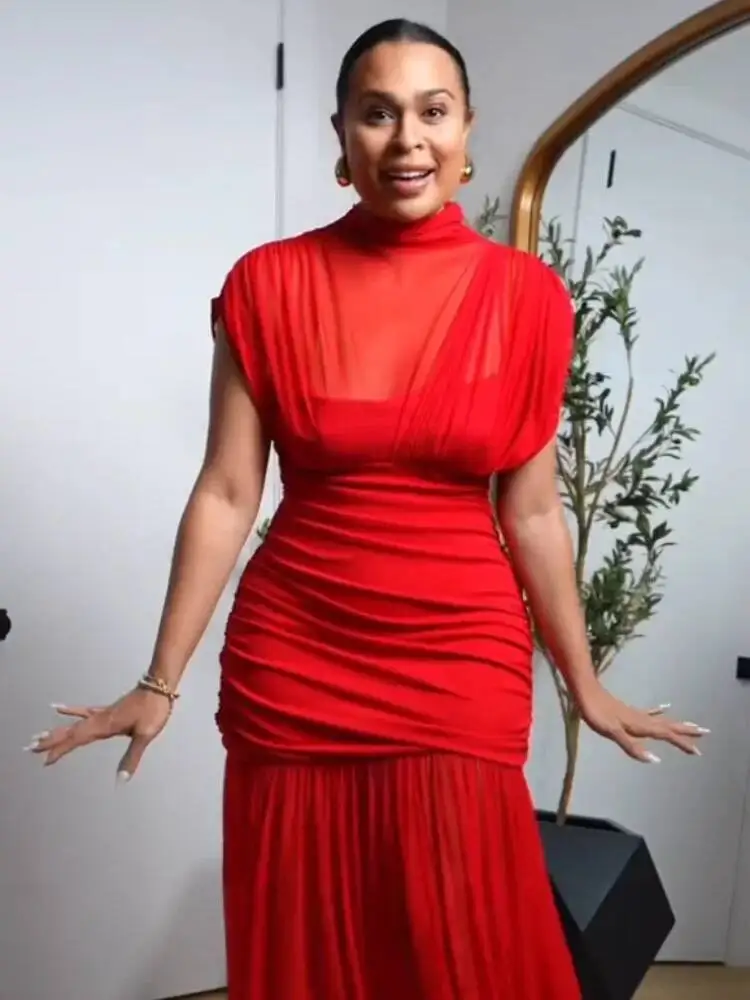 فساتين طويلة أنيقة للحفلات المسائية بطيات حمراء أنيقة بأكمام طويلة فستان ماكسي شبكي مرقع للنساء لقضاء العطلات الصيفية على الشاطئ WR8N