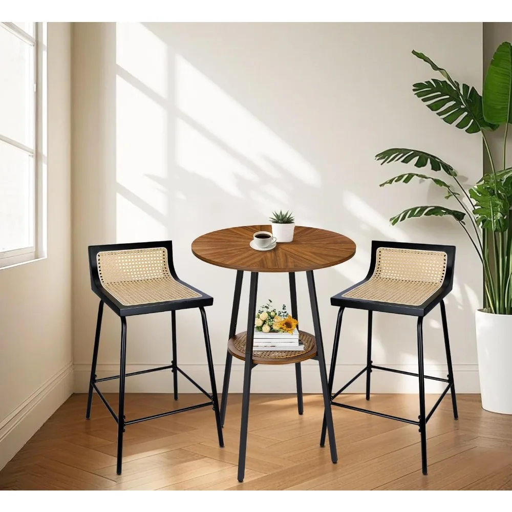 Kursi Bar Counter Height Set 2, 24 Inci Kursi Bar Rotan Boho Kursi Makan Modern Abad Pertengahan Kursi Bar Logam Anyaman