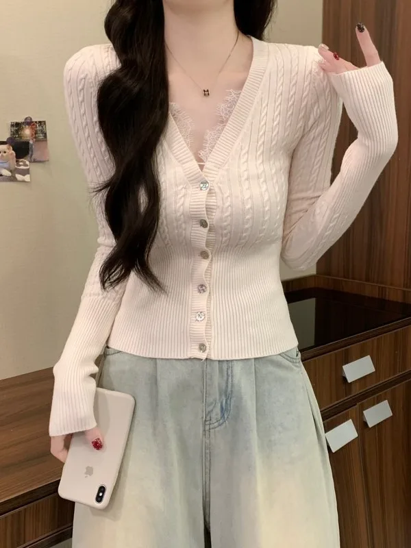 

Ele Lace Trim V-Ne Long Sve Knitted Top Women Early Spring New Sle Pure Desire Slimming Base irt Upper Body