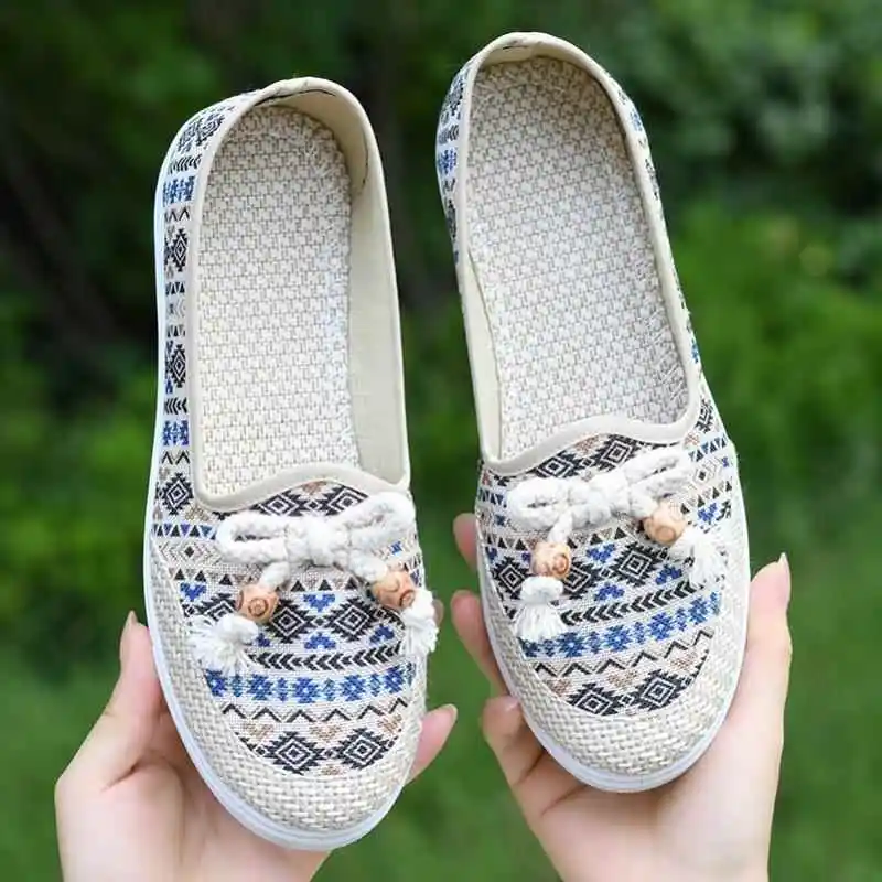 New Women's Soft Bottom Anti-Slip Spring Autumn Beijing Cloth Shoes Casual Breathable Traditional Chinese Style Flat Heel Sli...
