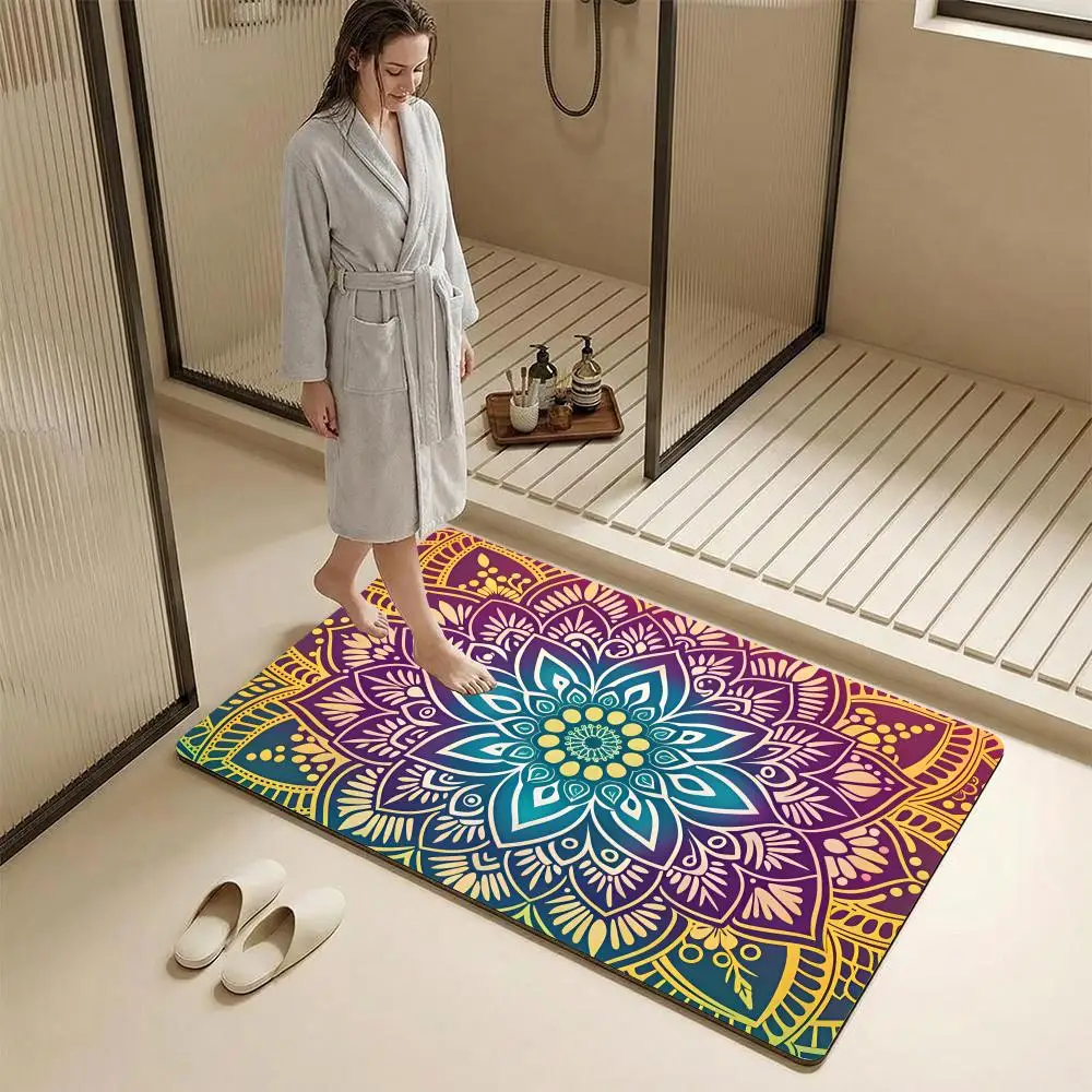 Colorful Mandala Boho Floor Mat Diatomite Bath Mat – Highly Absorbent, Non-Slip, Quick-Drying Bathroom Rug