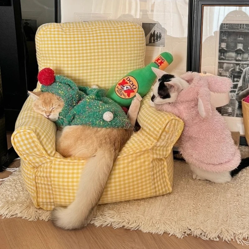 Sofa Hewan Peliharaan Gaya Korea Tempat Tidur Kucing Mini Kotak-kotak untuk Anjing Kecil Kursi Kain Dapat Dicuci Furnitur Hewan Peliharaan Kursi Hewan Peliharaan Anak-anak Nyaman