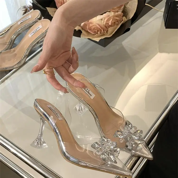 Female Sandal Clear Heels 2024 Women's Wedding Shoes Girls High New Rhinestone Fashion Pointed Closed Summer Plastic Pumps Flora