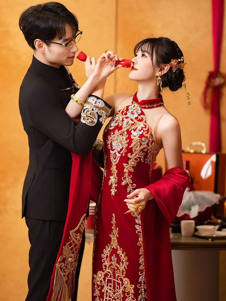 Heavy industry cheongsam wedding dress engagement toasting new styles red shawls for brides' and