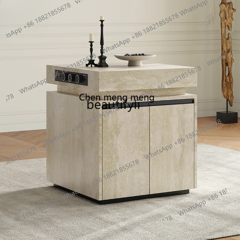 Retro travertine full rock slab middle island, simple household multi-functional material, separate island