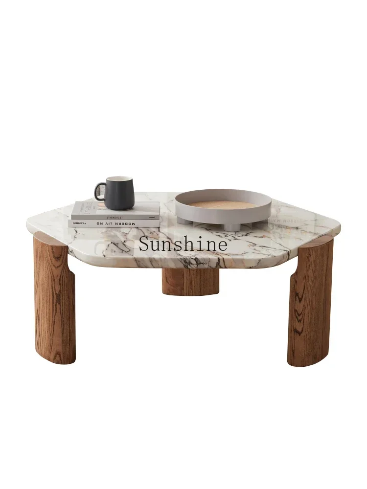 Terrazzo coffee table Solid wood small apartment special-shaped marble round coffee table