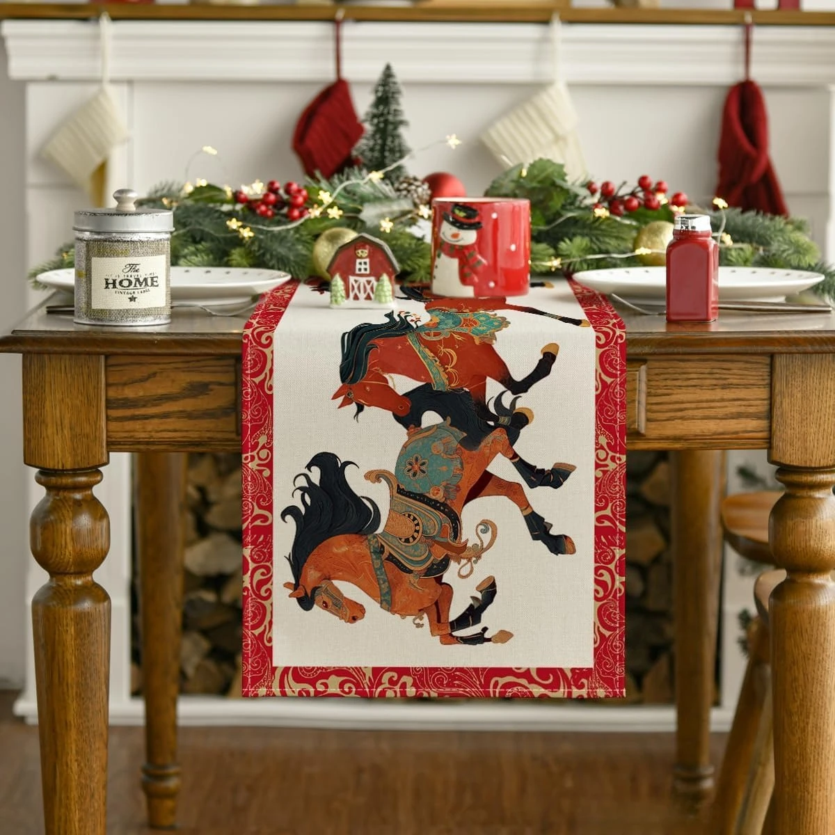 Chinese Zodiac Horse 2026 Lunar New Year Linen Table Runner Party Decor Spring Festival Kitchen Dining Table Runner Home Decor