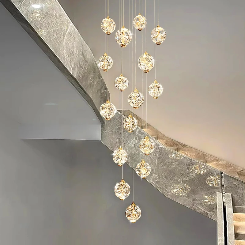 

Modern Round Long Pendant Light Dining Room LED Chandelier Duplex Living Room Stairs Crystal Pendant Lamp Interior Lighting