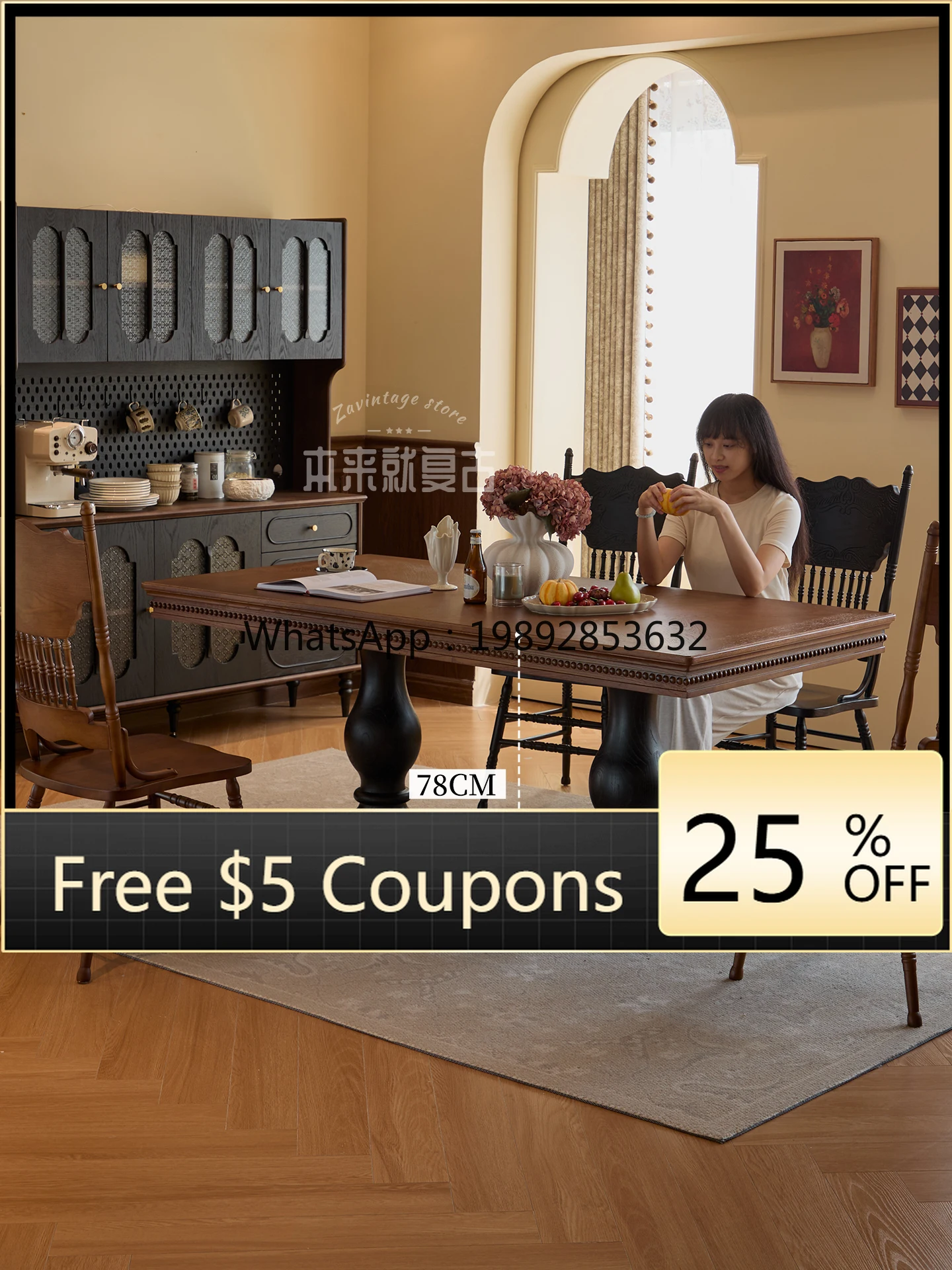 

YFY Dining Table/French Retro Solid Wood Home Living Room Large Table American Vintage Style Dining Table and Chair Set