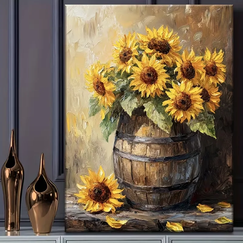 2D Flat, 2D Flat, Vibrant High-Definition Sunflower Oil Painting, Wall Art Featuring Sunflowers in a Rustic Wooden Barrel, Abstr