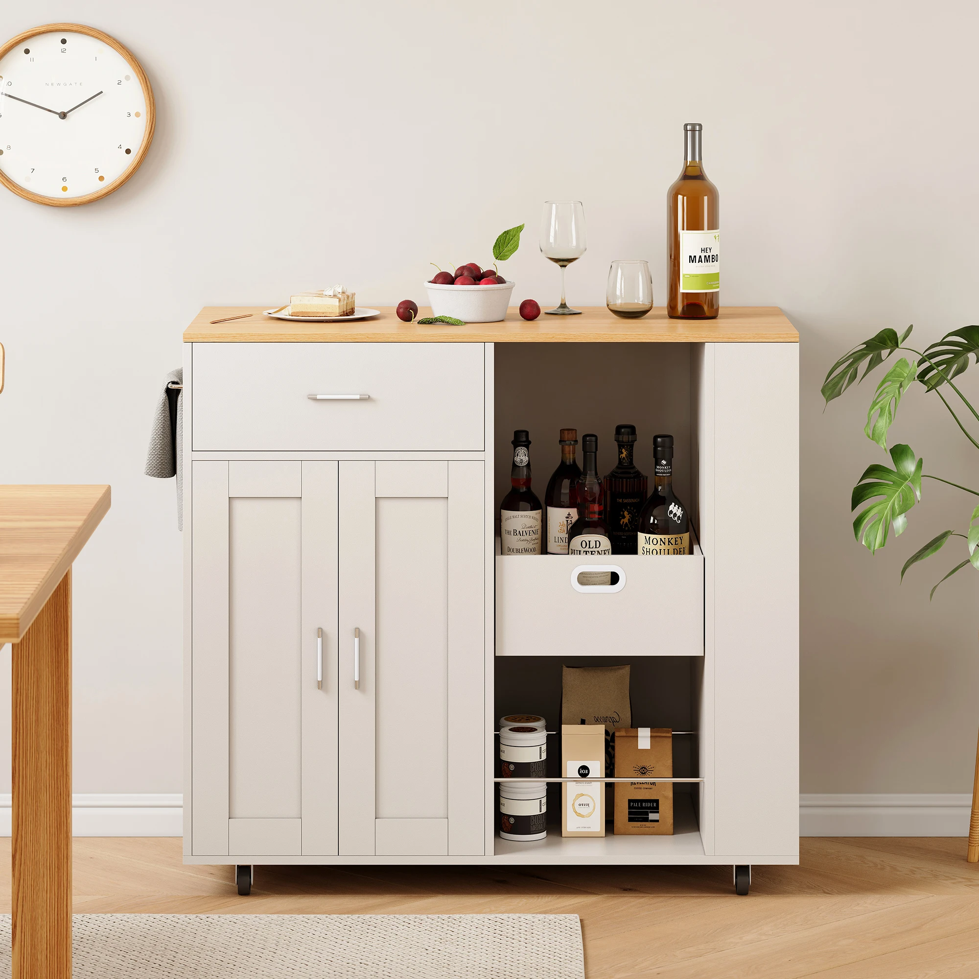 Rosahqnda Chariot de cuisine sur roulettes 102x46x92 cm avec tiroirs et armoire de rangement, îlot de cuisine roulant avec étagère à épices, étagères ouvertes et plateau en chêne, chariot de service mobile, blanc/noir