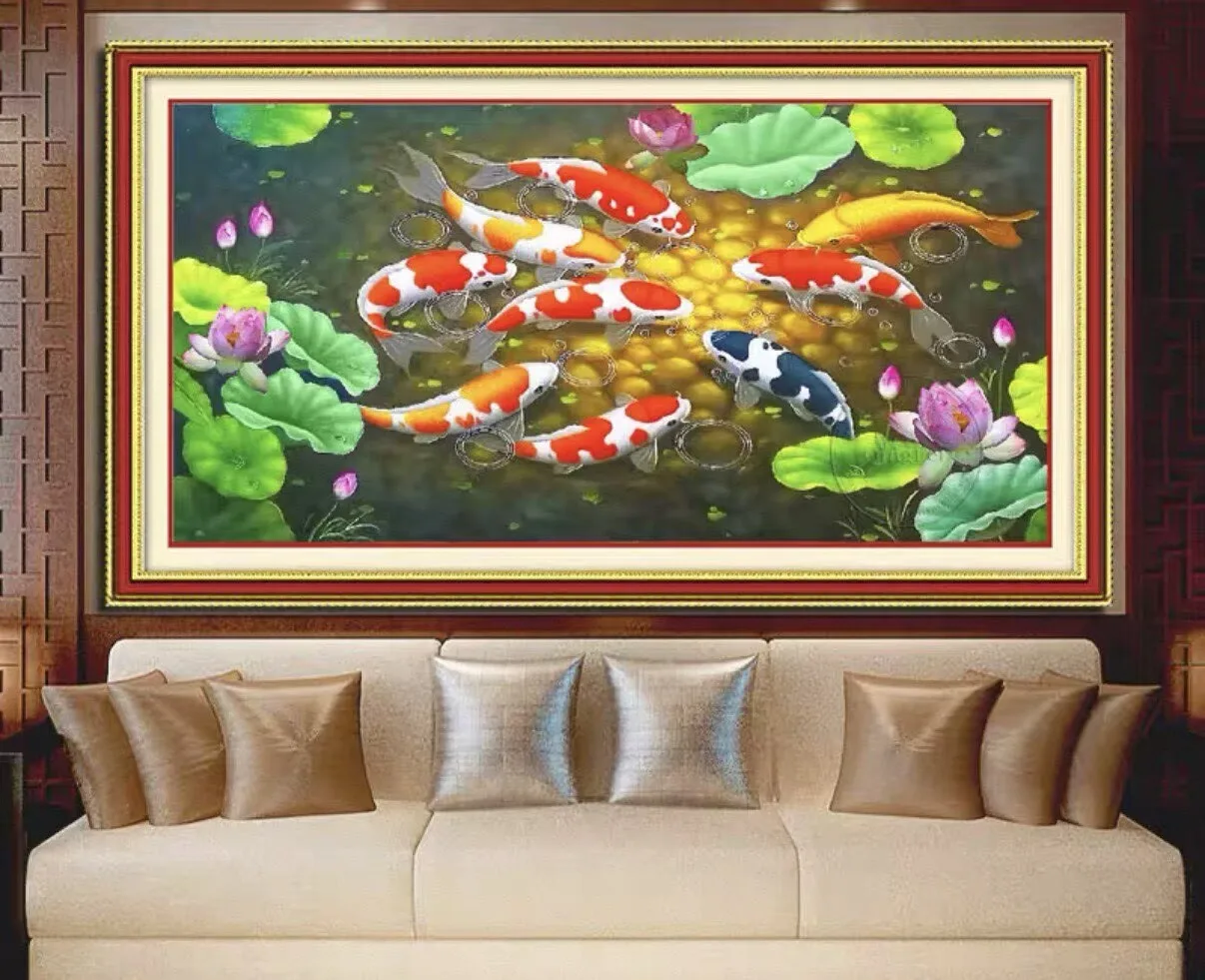 Lotus Fishes 9CT 11ct Printed Needlework,DIY Living Room Printed Cross Stitch,Sets For Embroidery Kit Full Cotton/Silk Threads