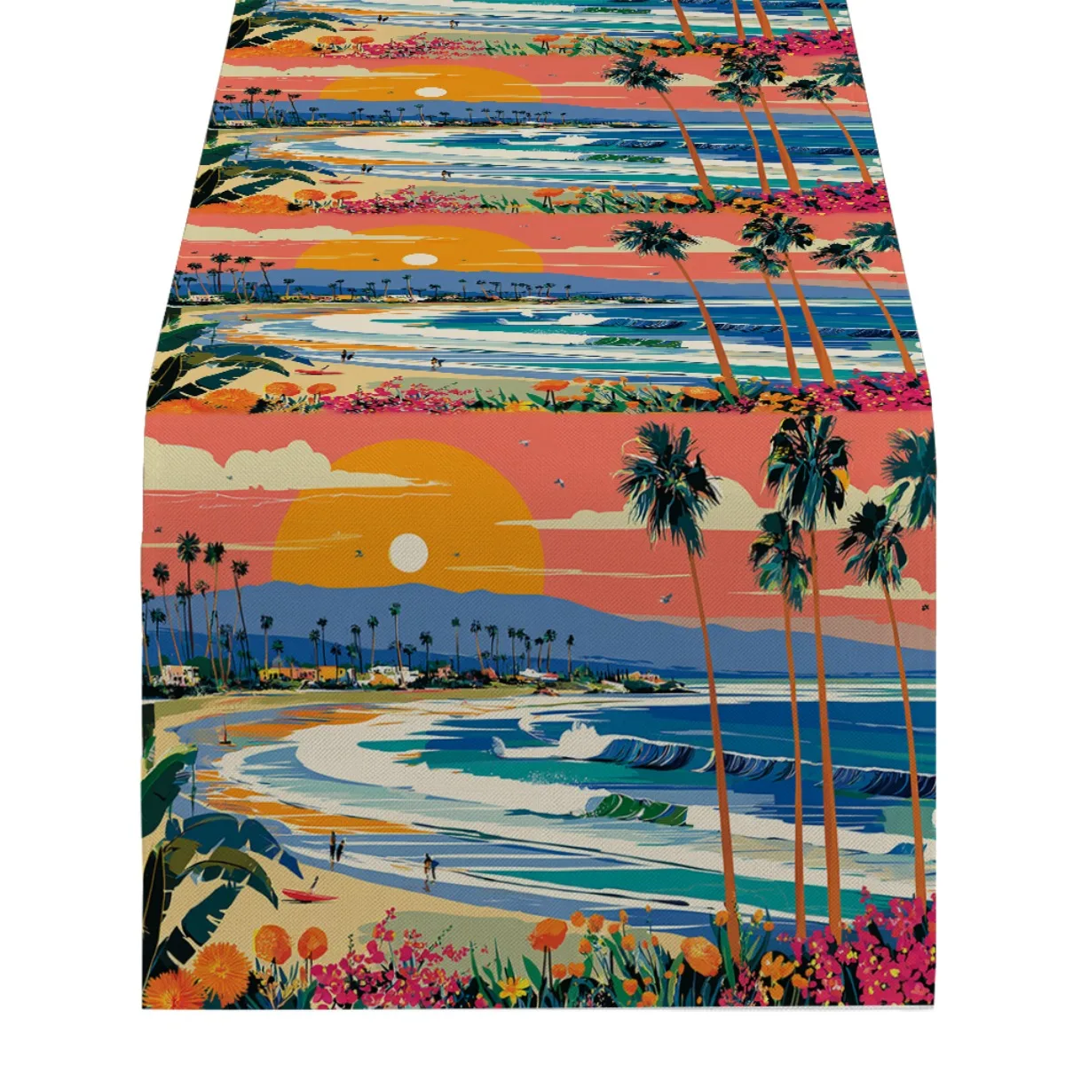 مفرش طاولة للزينة على طراز غروب الشمس على الشاطئ الاستوائي، قماش طويل مطبوع لتزيين الحفلات والمطبخ وديكور سطح الطاولة في المزرعة #6