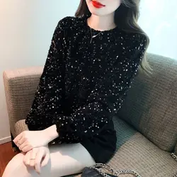 Women's Clothing Korean Fashion Long Sleeve Sequins Elegant Chic T-shirts Autumn Winter Casual O Neck Black Loose Pullover Tops