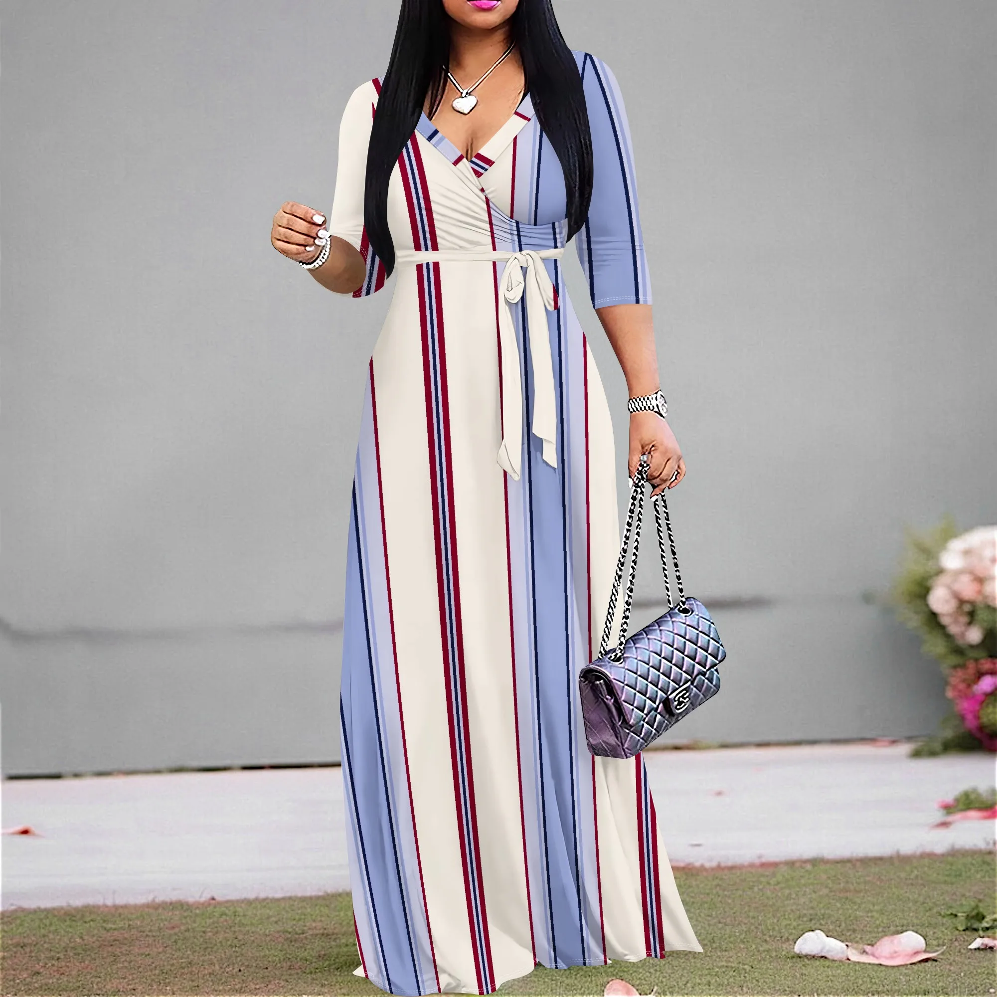

Striped Maxi Dress S-3XL V-Neck Wrap Style with Belt & 3/4 Sleeves for Office Wear, Church Event, Brunch or Cultural Festival