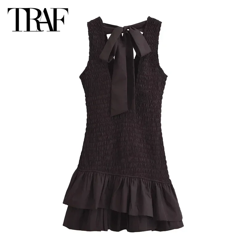 TRAF 2024 Butterfly Short Dresses Women\'s Lace-Up Elegant Party Mini Dresses Summer Ladies Fashion Casual Sleeveless Black Dress