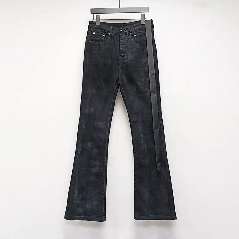 Men's Wax Black Flared Jeans Vintage Street Trousers Young Boys Bell-bottom Sweatpants Male Straight Casual Wide Leg Pants