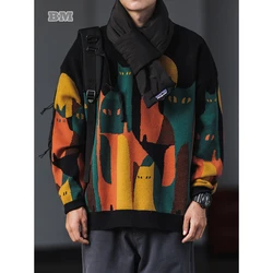 Autumn Winter Korean Streetwear Sweater Men Hip Hop Color Matching Crew Neck Pullovers Japanese Harajuku Knitwear Man Clothes