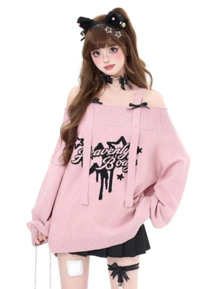 

Y2k Knitted Knit Sweater Women Japanese Sweet Gothic Goth Letter Print Kawaii Punk Streetwear Pullovers 2025 Spring Autumn