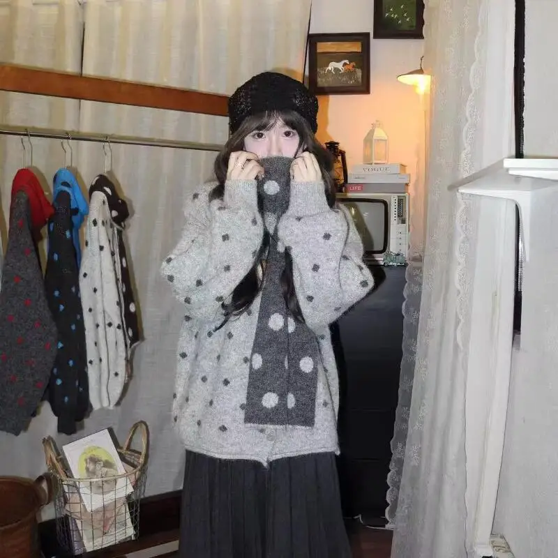 Koreanisches Polka-Dot-Strickset mit Pullover und Schal, Zweiteiliges Set, Strickjacke für Damen, Lässiger Weicher Baumwoll-Strickpullover, Grobstrick-Pullover