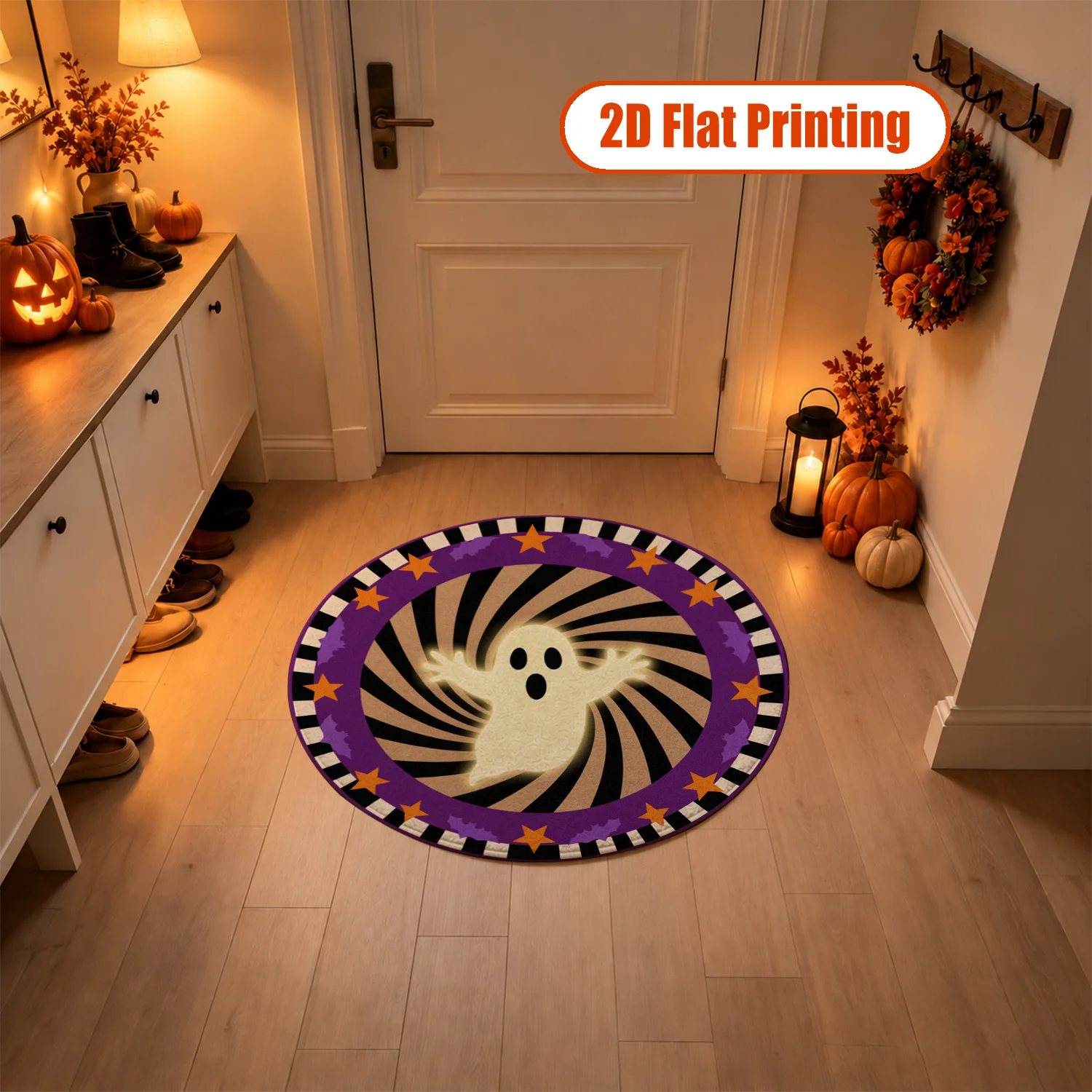 Glowing Ghost Star Border Spiral Pattern Round Velvet Area Rug, Machine Washable Soft Floor Mat, Ideal for Living Room, Bedroom, Entryway, Festive Decor for Halloween, Thanksgiving, Black Friday, Christmas, New Year