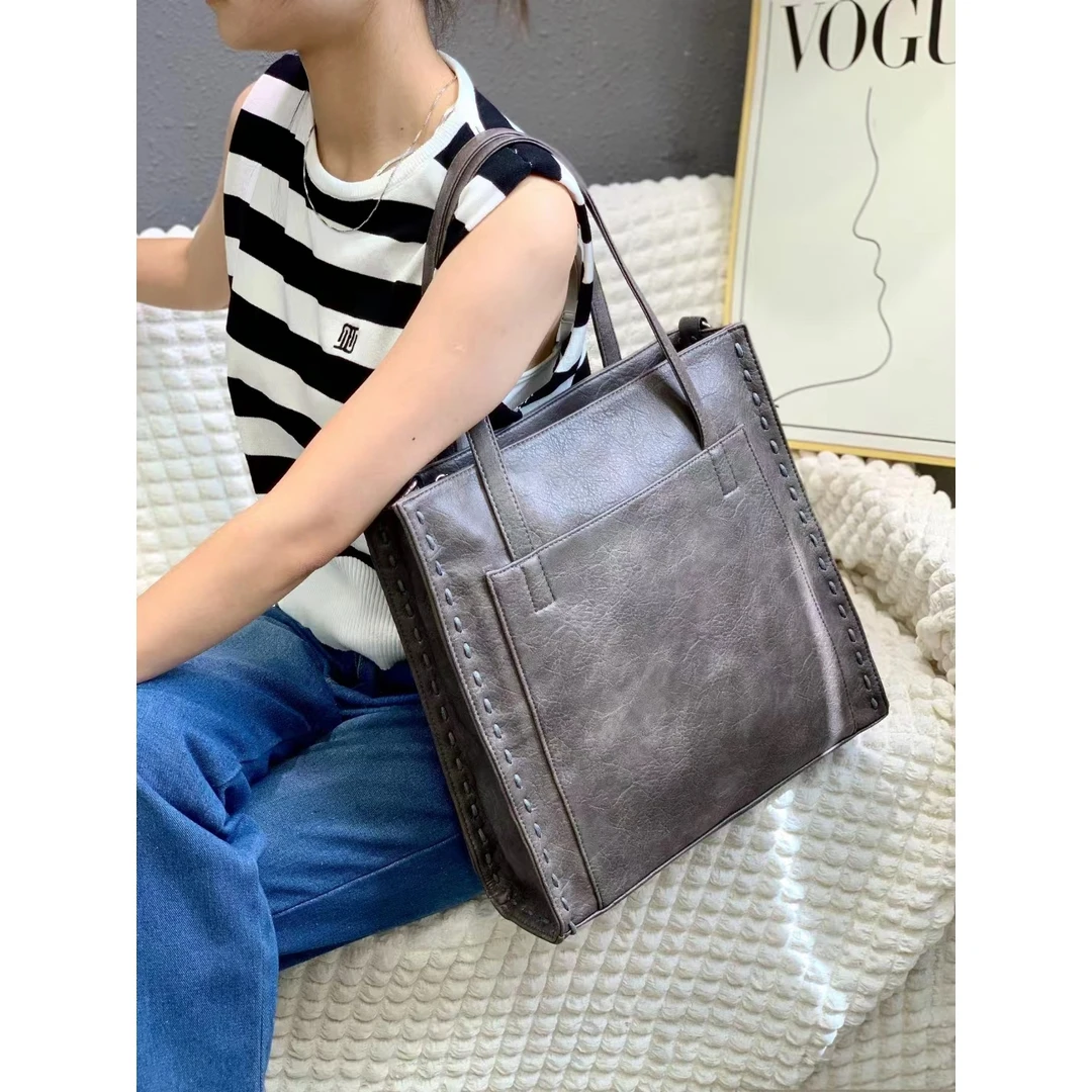 European And American Fashion New Top Layer Cowhide Single Shoulder Bag Square Large Capacity Pleated Edge Women's Bag Trendy