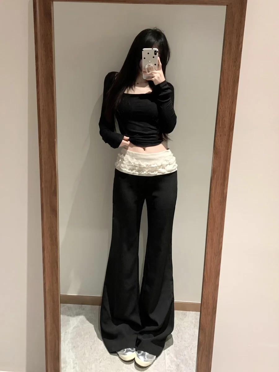 

Low-Waist Flared Casual Pants Women's Yoga Pants Black Lace Splicing Extra Long Version Loose Fit Summer Fashion Trousers