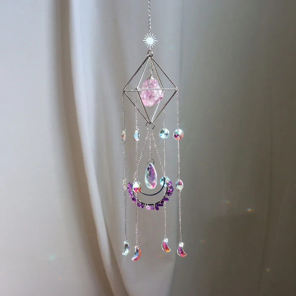 Custom Silver Geometric Frame Raw Light Amethyst Stone Crystal Sun Catcher - Glass Pendants Hanging Ornament for Window Decor