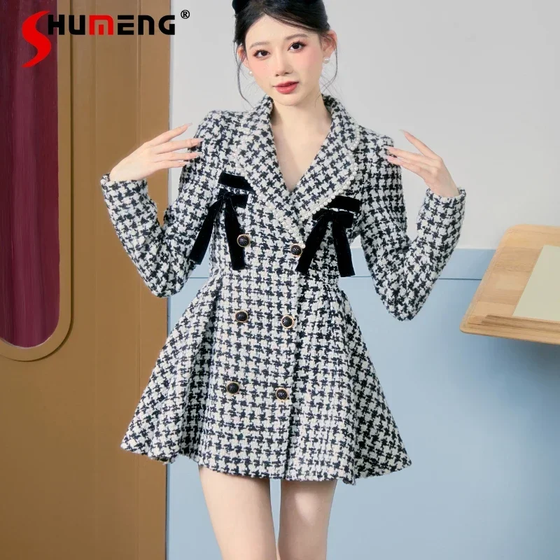 

2023 Autumn Winter New Japanese Style Long Sleeve Slim Fit Coat Houndstooth Double Breasted Mid-Length Jacket Windbreaker Female