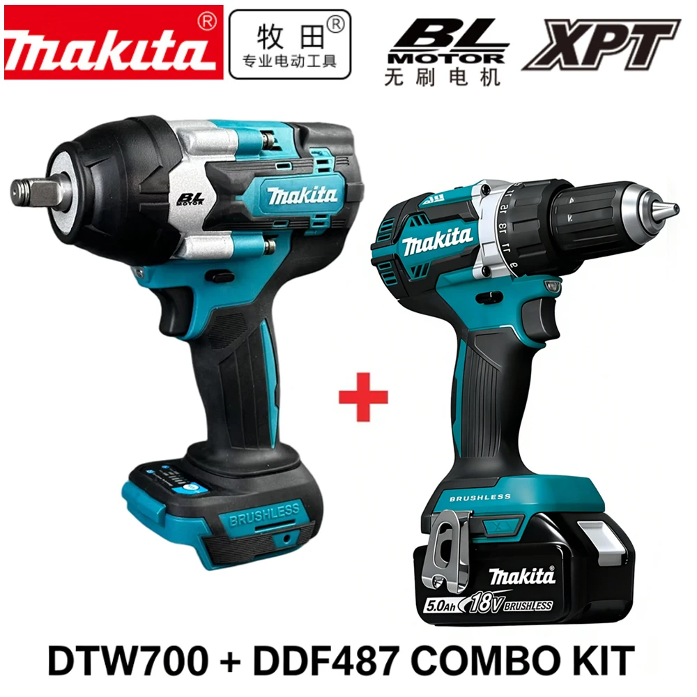 Zestaw Makita 18V DTW700 Klucz udarowy + wiertarko-wkrętarka DDF487 z akumulatorem Makita 18V 6.0Ah do prac naprawczych