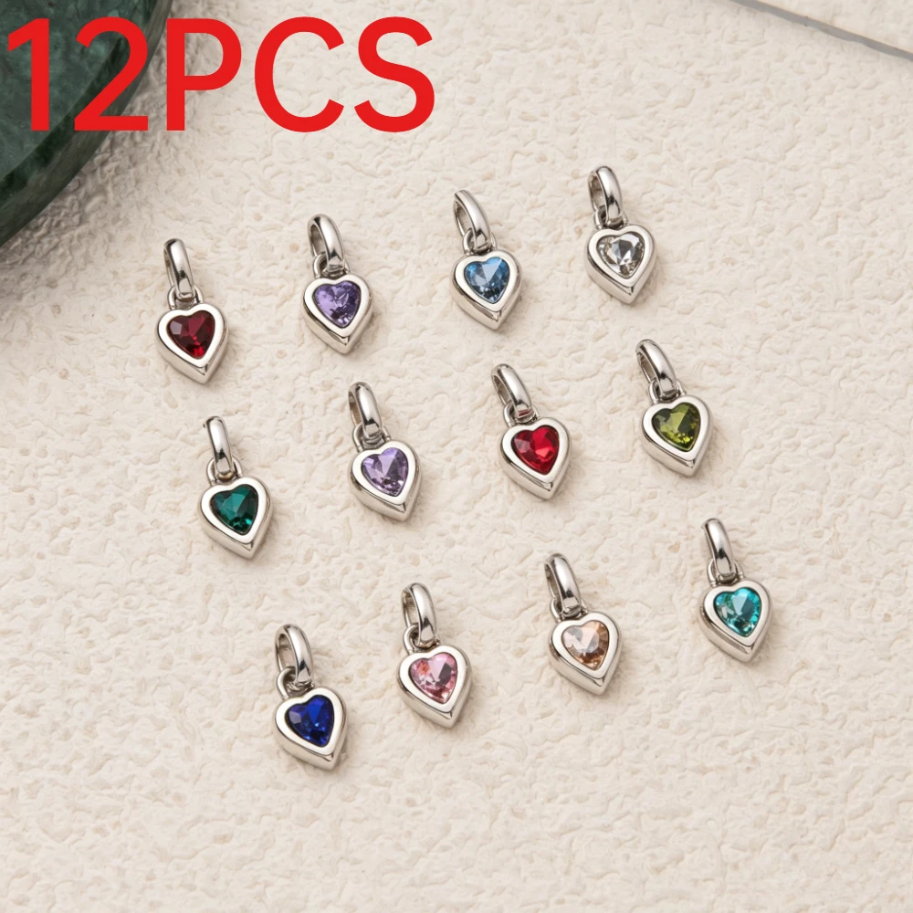 12Pcs 316 Stainless Steel Heart Birthstone Charms For DIY Necklace Jewelry Making Accessories