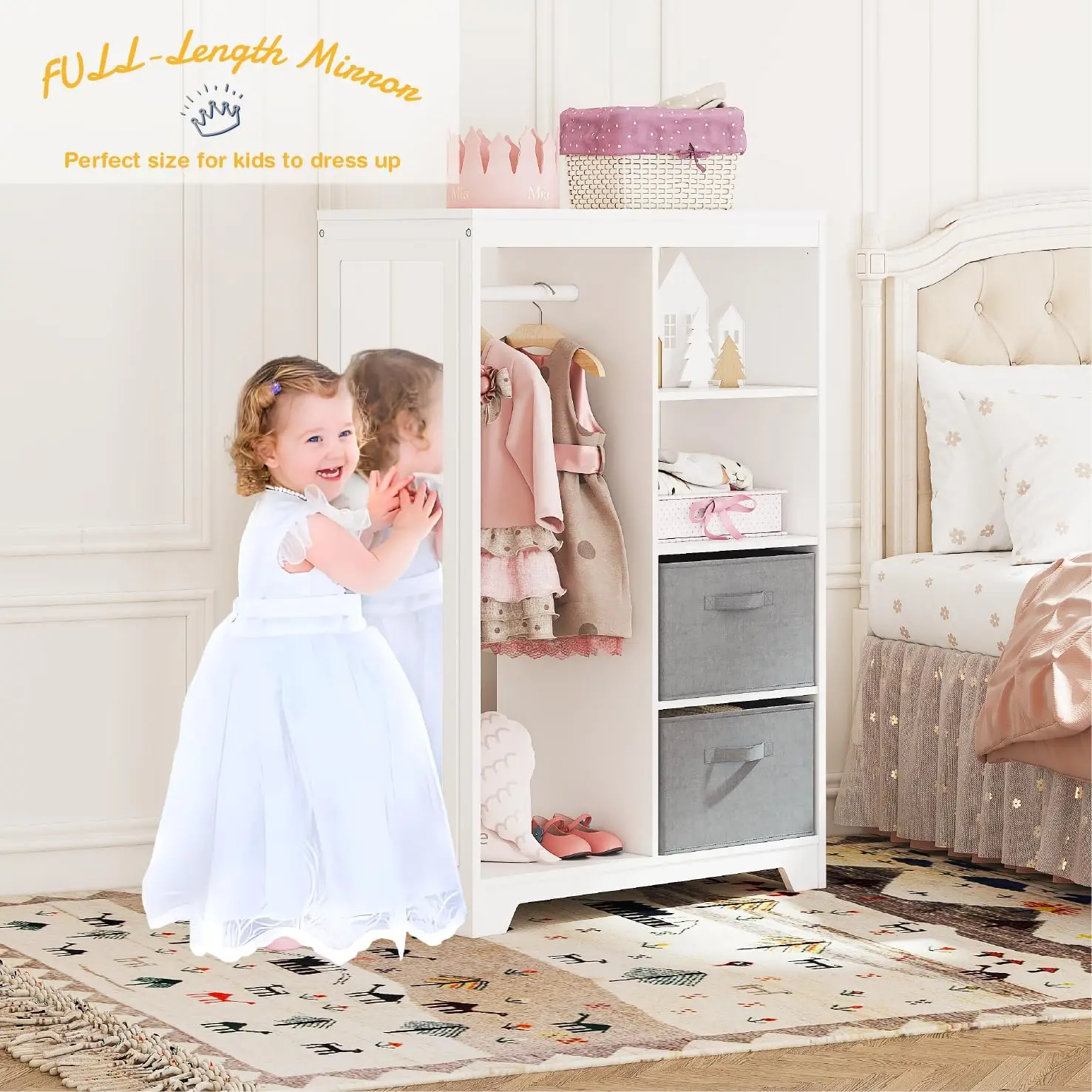 Up Storage with Full Length Mirror, Kids Armoire with 2 Storage Bins, Opening Hanging Costume Closet Wardrobe for Kids, Pretend