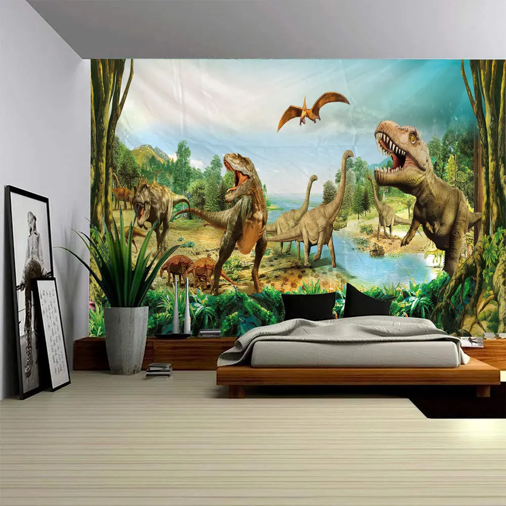 Dinosaur World Kawaii Psychedelic Animal Art Tapestry Boho Hippie Wall Hanging Big Rug Sheet for Room Decor Home Decor