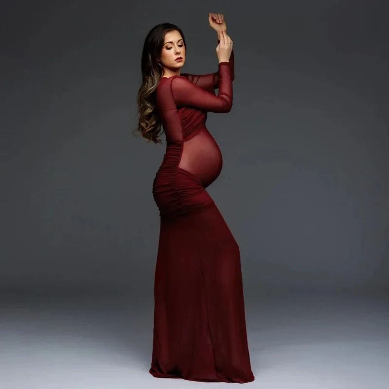 فستان أنيق للتصوير الفوتوغرافي للأمهات بأكمام طويلة ورقبة على شكل حرف V فستان سهرة طويل لحفلات الزفاف وحفلات الزفاف (أبيض/بيج/جملي)