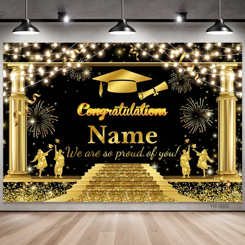 Imagen 2 del producto Banner de fondo con foto de graduación con nombre personalizado: fondo de confeti negro y dorado para decoración de fiesta de graduación